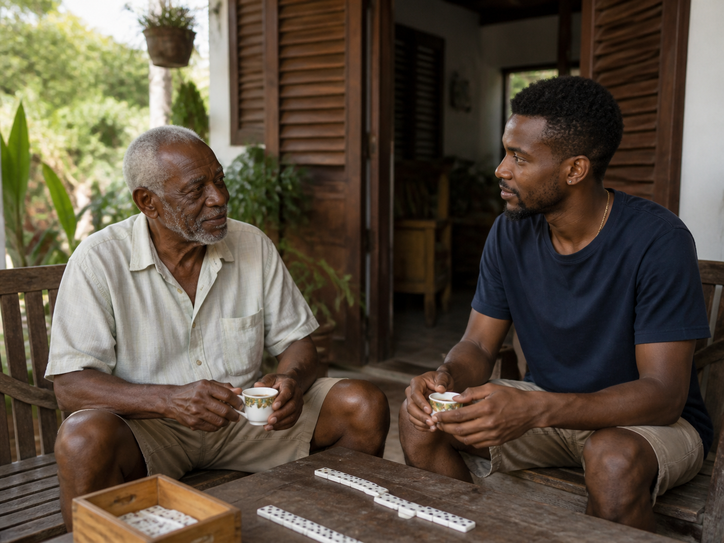 Un homme âgé et un homme plus jeune assis côte à côte sous une véranda créole, autour d’un café et d’un jeu de dominos